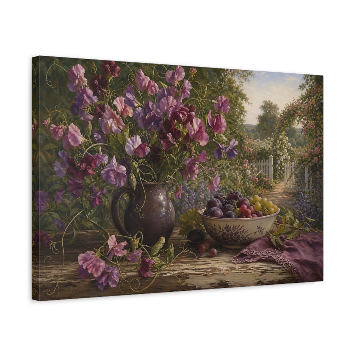 Side Mockup 3. Floral Sweet Peas Purple Floral shown as stretched canvas wall art