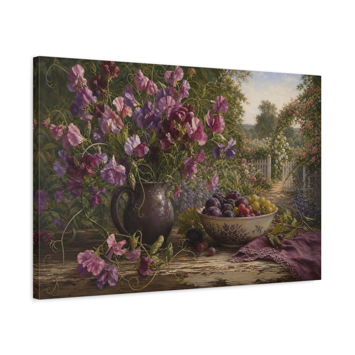 Side Mockup 2. Floral Sweet Peas Purple Floral shown as stretched canvas wall art