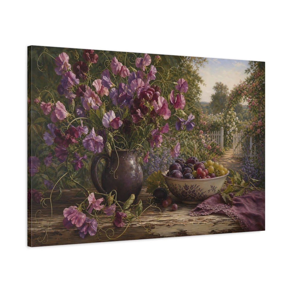 Main Mockup. Floral Sweet Peas Purple Floral shown as stretched canvas wall art