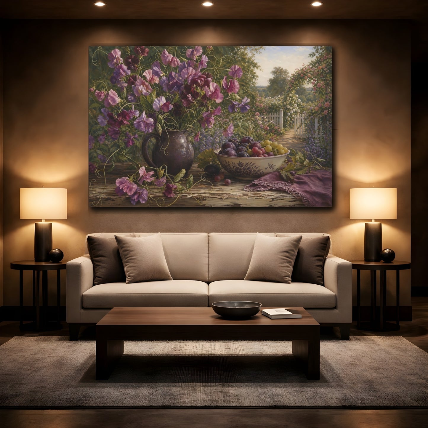Mockup 2. Floral Sweet Peas Purple Floral shown as stretched canvas wall art