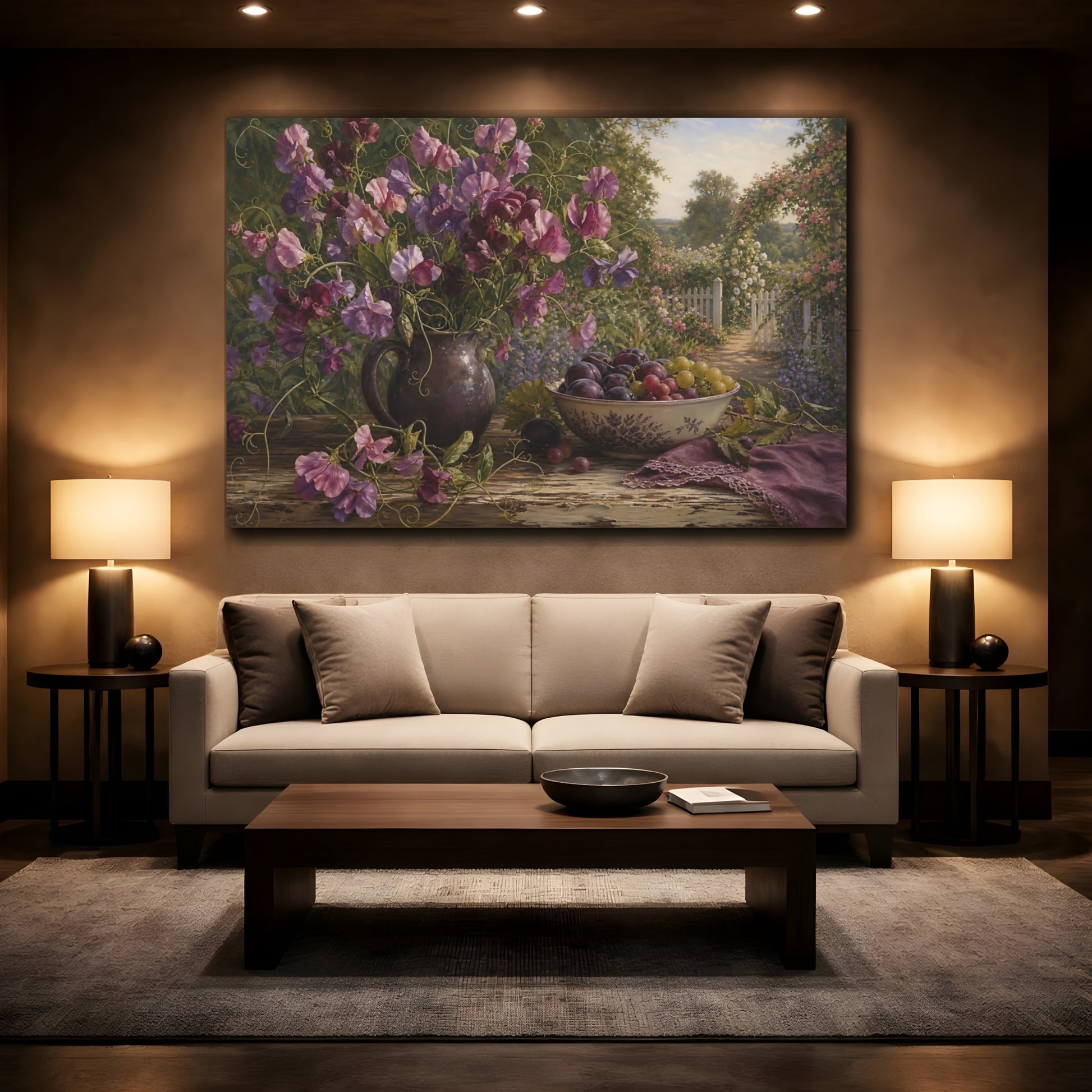 Mockup 2. Floral Sweet Peas Purple Floral shown as stretched canvas wall art