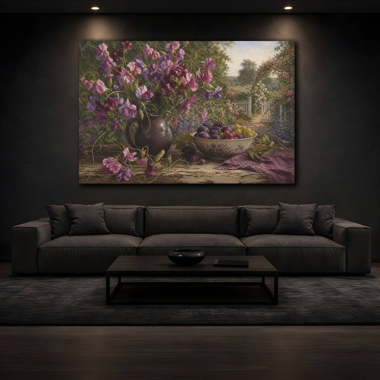 Mockup 3. Floral Sweet Peas Purple Floral shown as stretched canvas wall art
