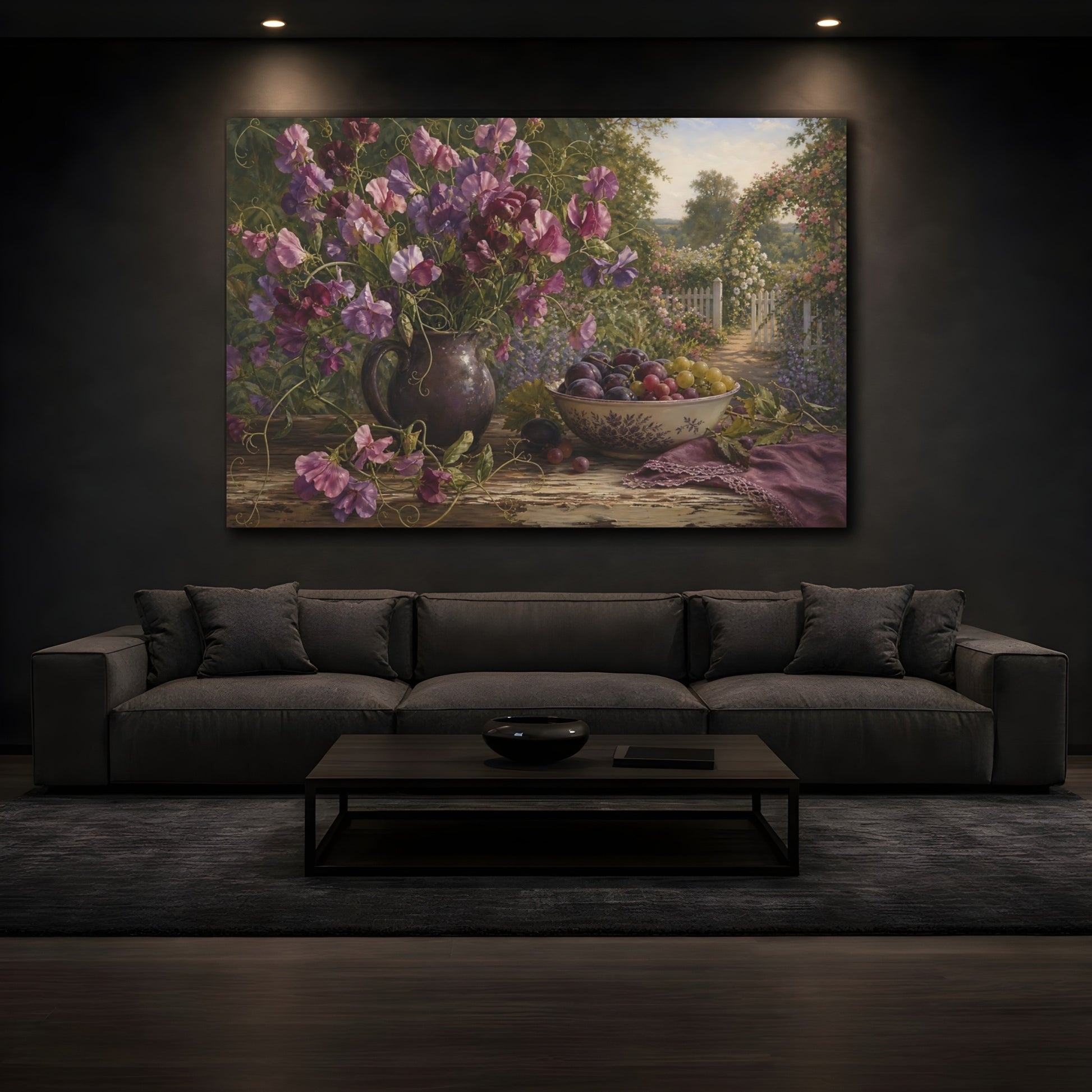 Mockup 3. Floral Sweet Peas Purple Floral shown as stretched canvas wall art