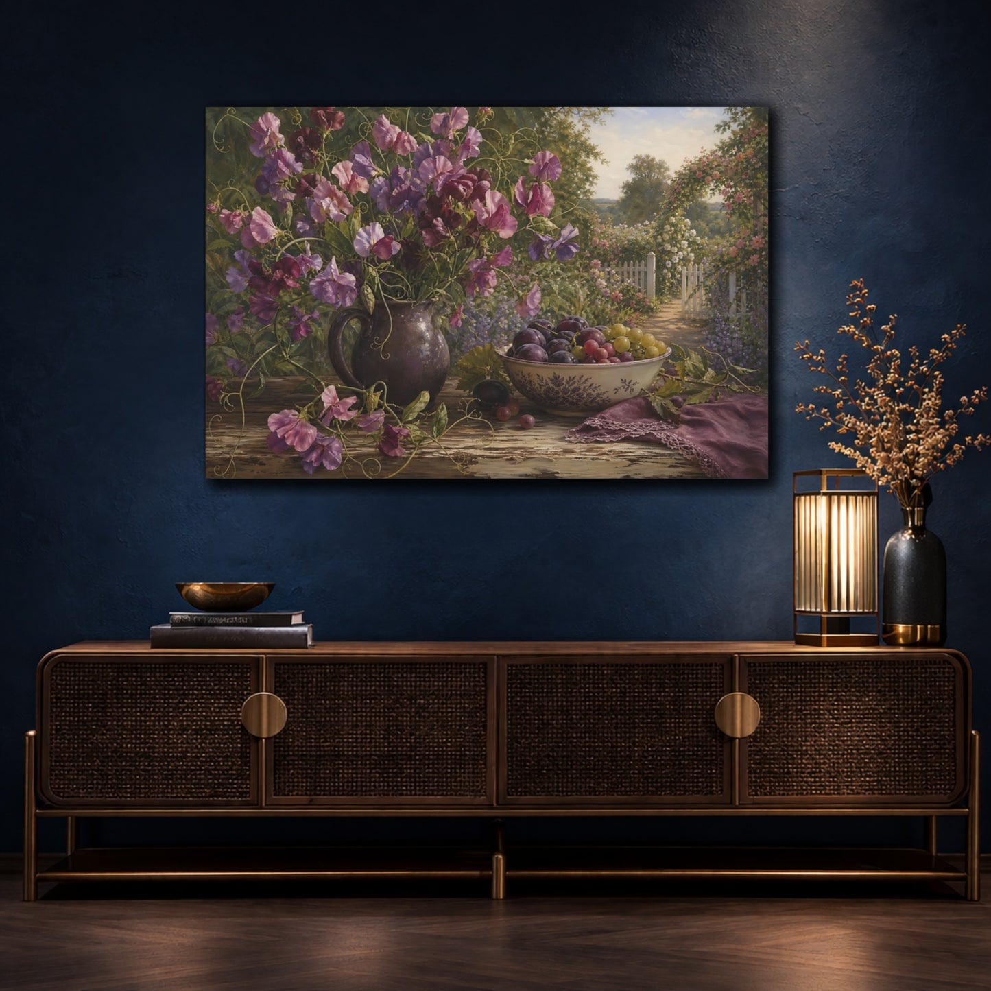 Mockup 4. Floral Sweet Peas Purple Floral shown as stretched canvas wall art