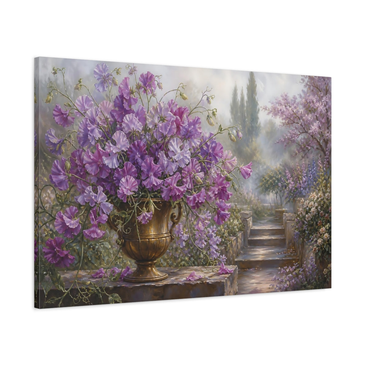 Main Mockup. Floral Sweet Peas Purple Flowers shown as stretched canvas wall art