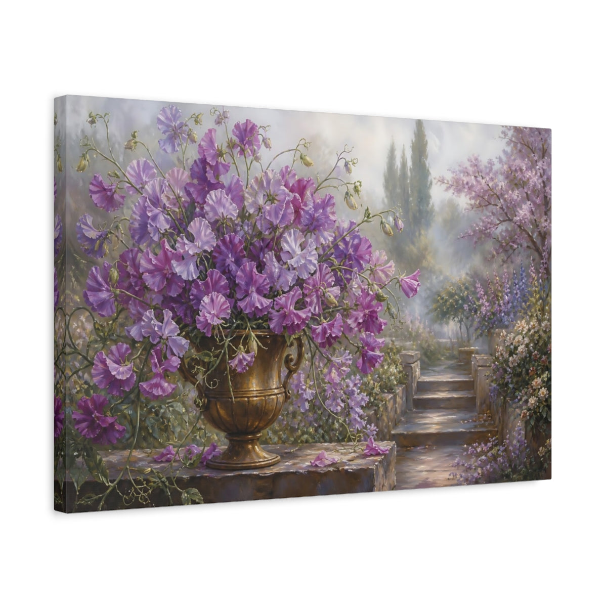 Side Mockup 3. Floral Sweet Peas Purple Flowers shown as stretched canvas wall art