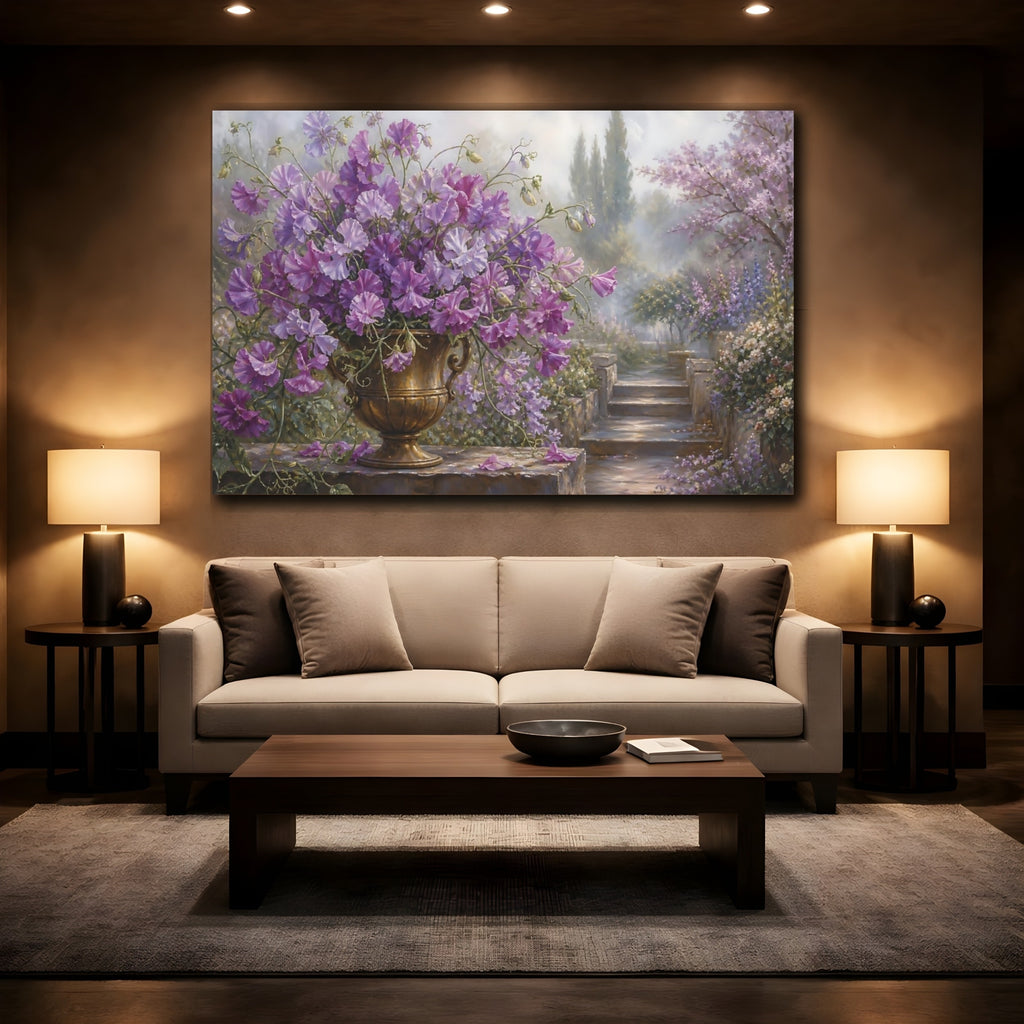 Mockup 2. Floral Sweet Peas Purple Flowers shown as stretched canvas wall art