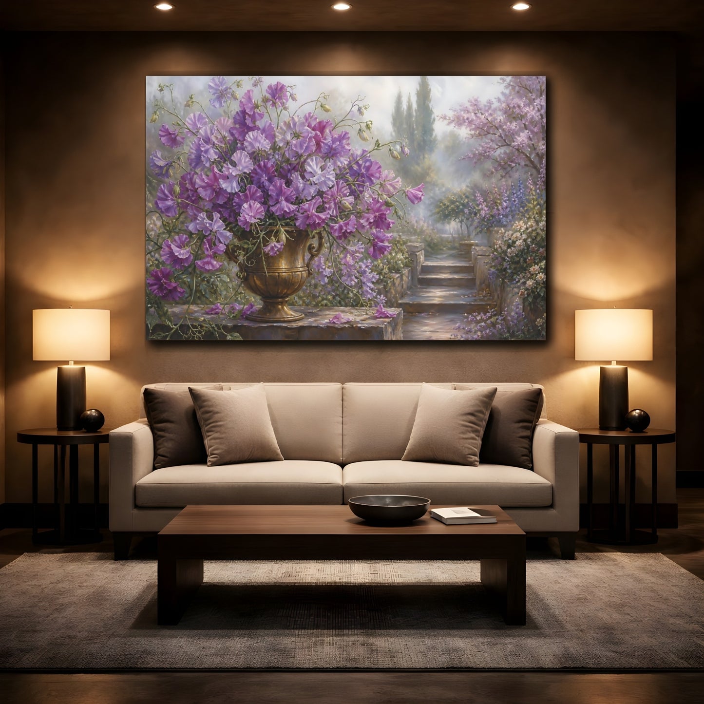 Mockup 2. Floral Sweet Peas Purple Flowers shown as stretched canvas wall art