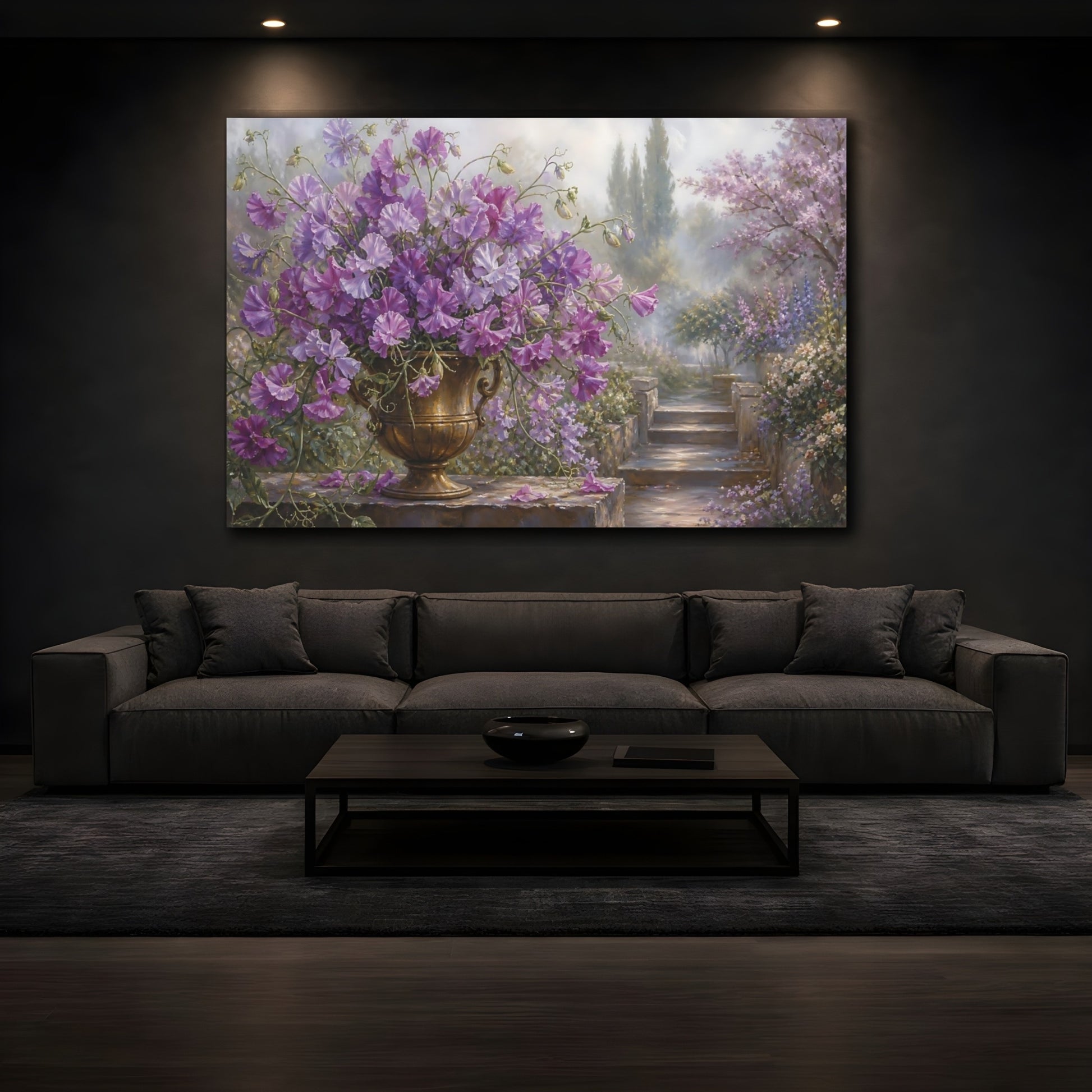 Mockup 3. Floral Sweet Peas Purple Flowers shown as stretched canvas wall art