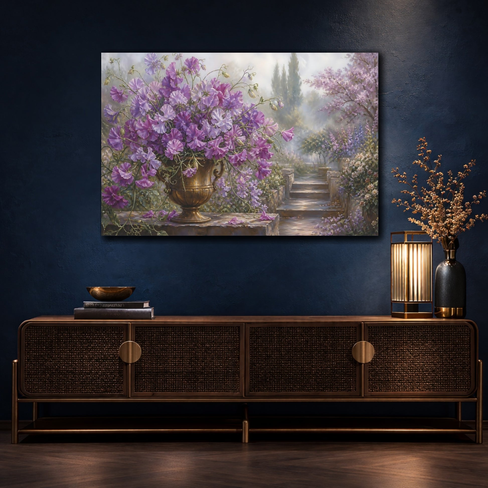 Mockup 4. Floral Sweet Peas Purple Flowers shown as stretched canvas wall art