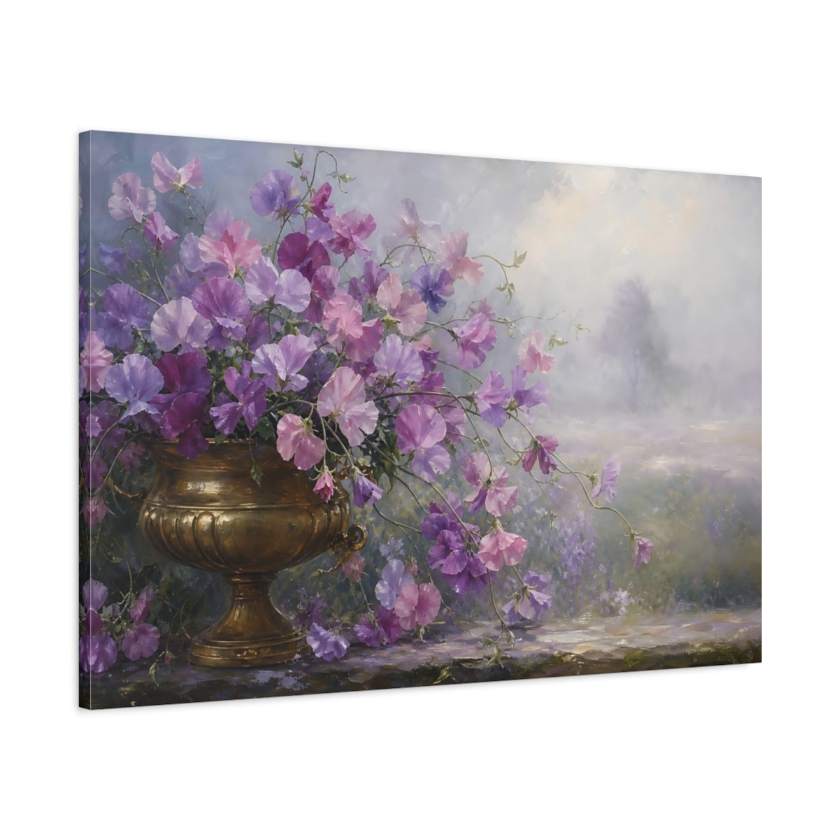 Main Mockup. Floral Sweet Peas Purple Gold Flowers shown as stretched canvas wall art