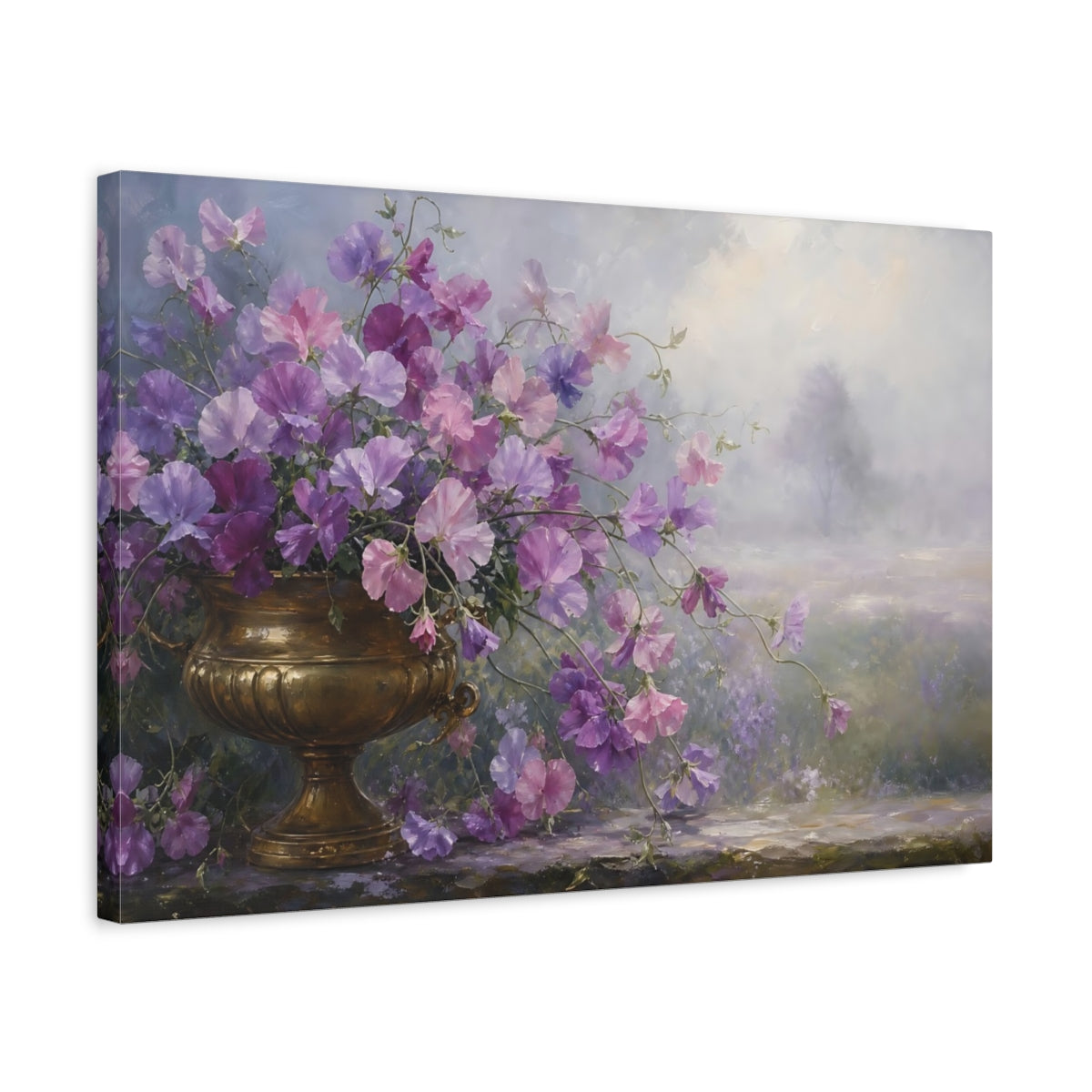 Side Mockup 3. Floral Sweet Peas Purple Gold Flowers shown as stretched canvas wall art