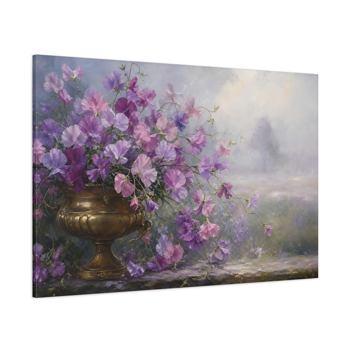 Side Mockup 1. Floral Sweet Peas Purple Gold Flowers shown as stretched canvas wall art
