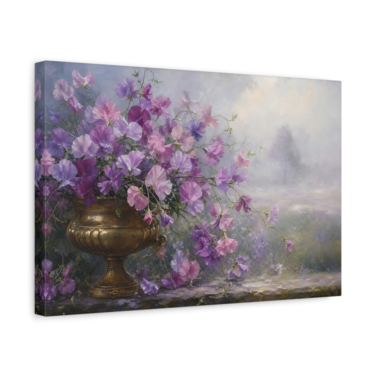 Side Mockup 4. Floral Sweet Peas Purple Gold Flowers shown as stretched canvas wall art