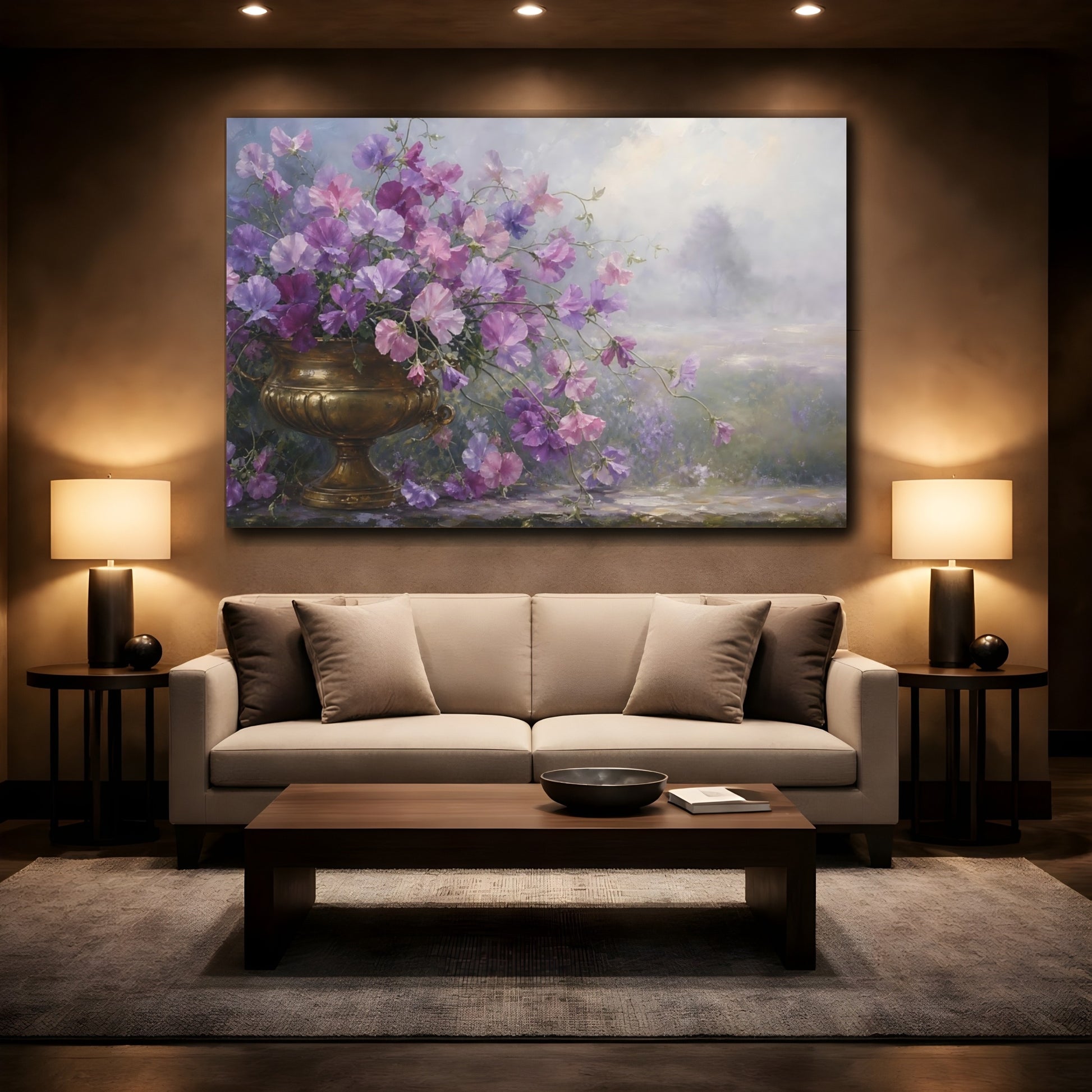 Mockup 2. Floral Sweet Peas Purple Gold Flowers shown as stretched canvas wall art