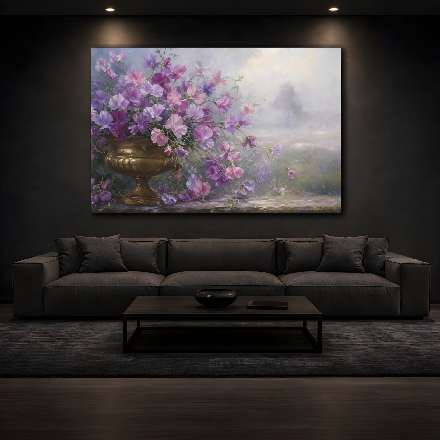 Mockup 3. Floral Sweet Peas Purple Gold Flowers shown as stretched canvas wall art