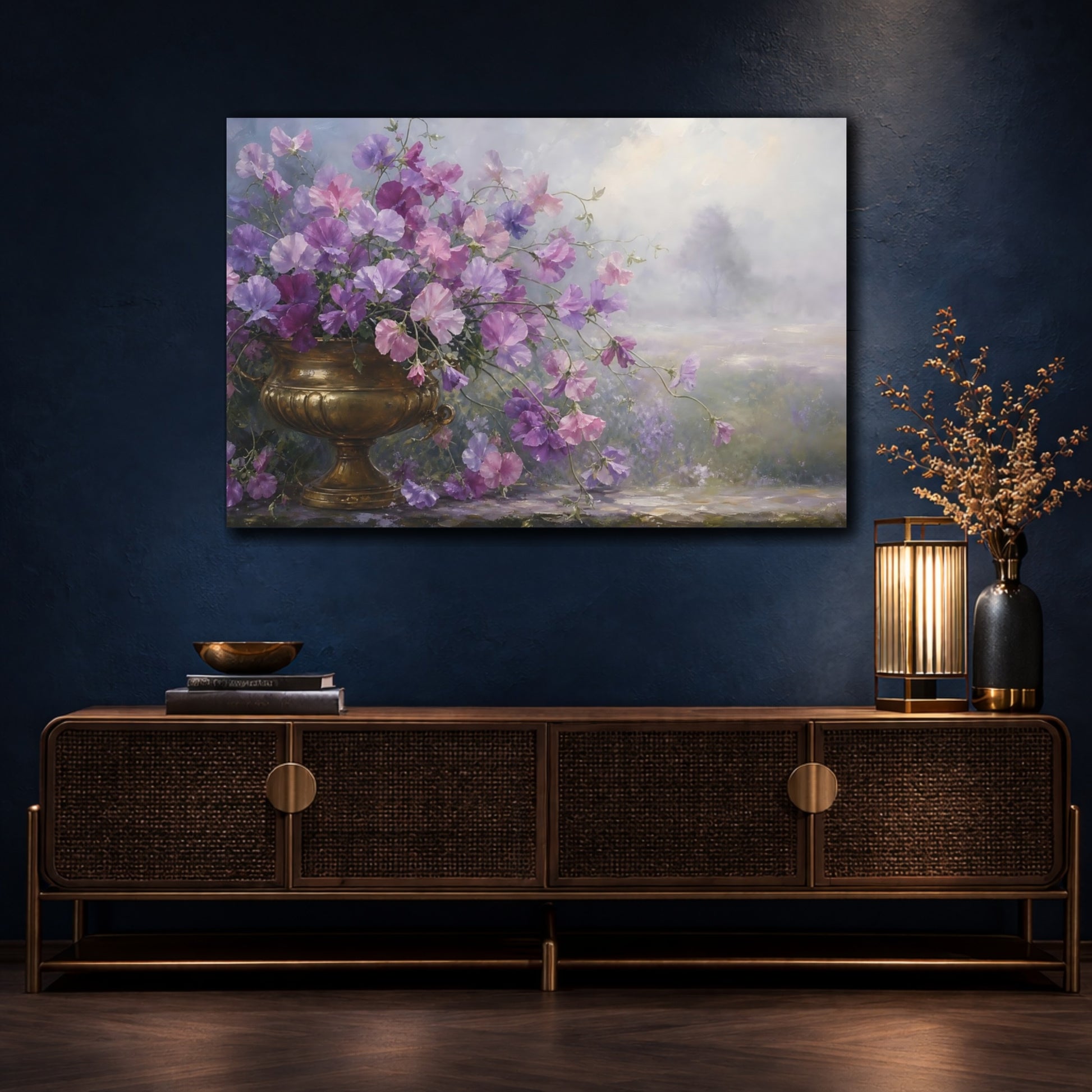 Mockup 4. Floral Sweet Peas Purple Gold Flowers shown as stretched canvas wall art