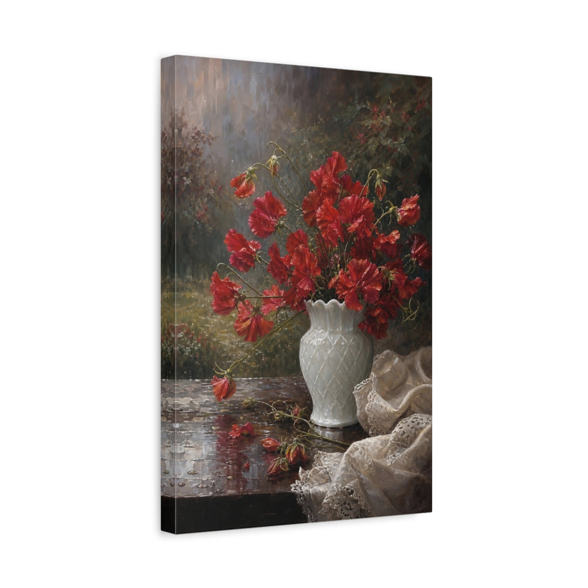 Side Mockup 4. Floral Sweet Peas Red Floral shown as stretched canvas wall art