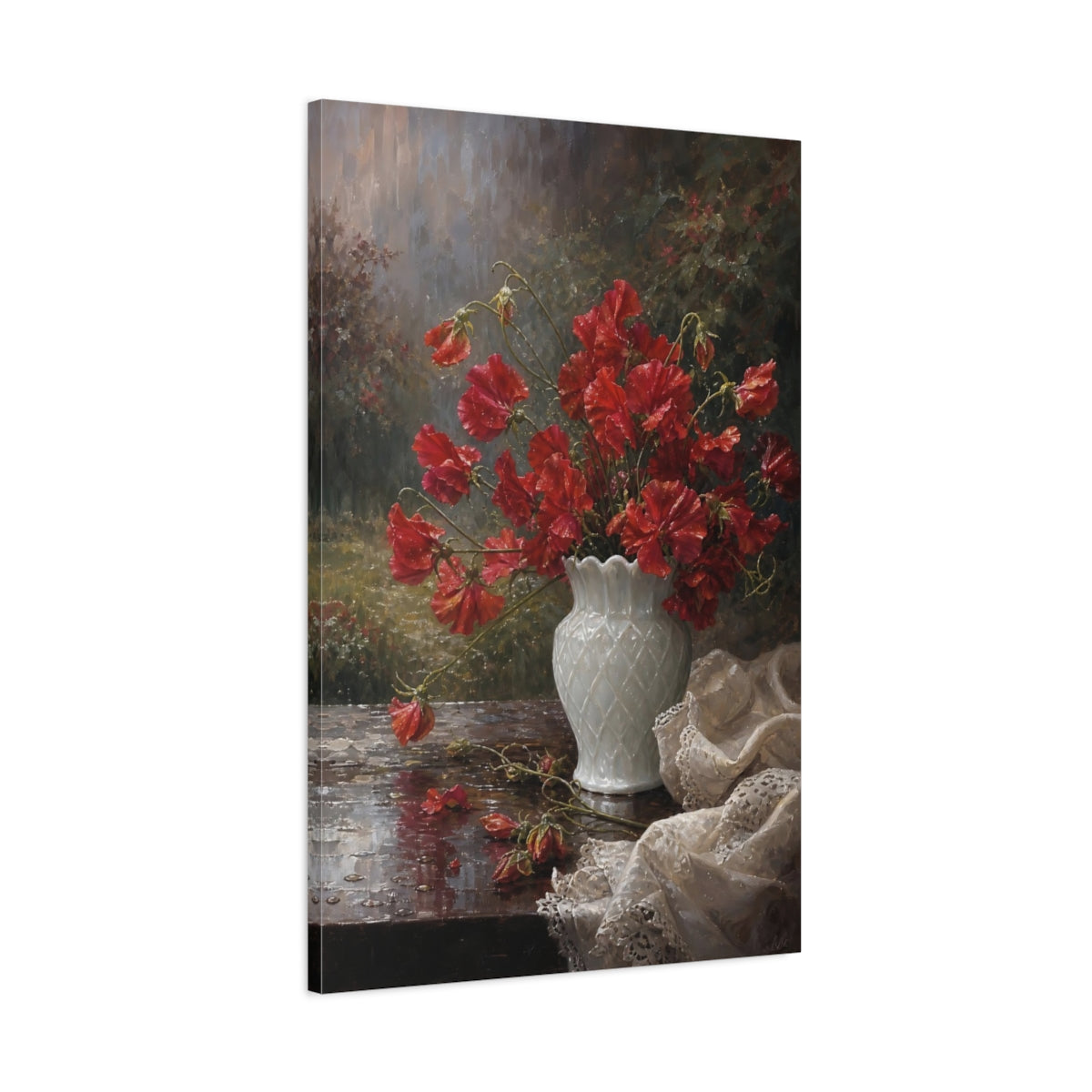 Main Mockup. Floral Sweet Peas Red Floral shown as stretched canvas wall art