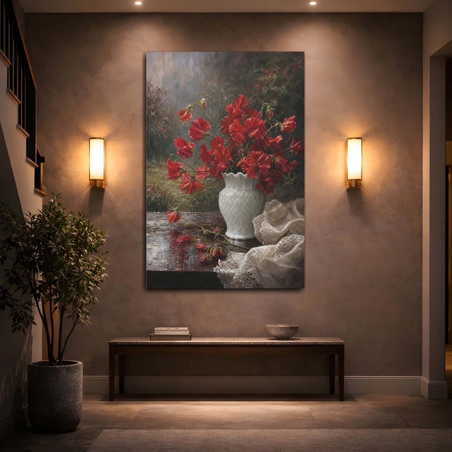 Mockup 2. Floral Sweet Peas Red Floral shown as stretched canvas wall art