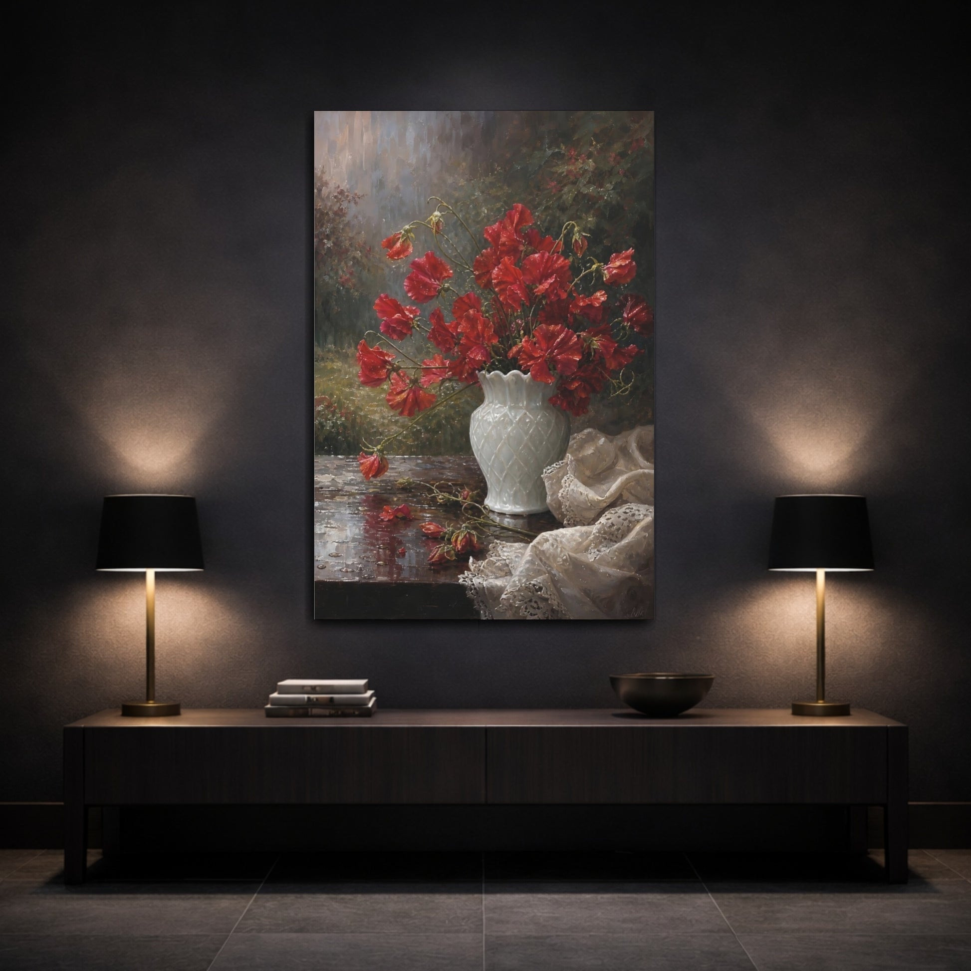 Mockup 3. Floral Sweet Peas Red Floral shown as stretched canvas wall art