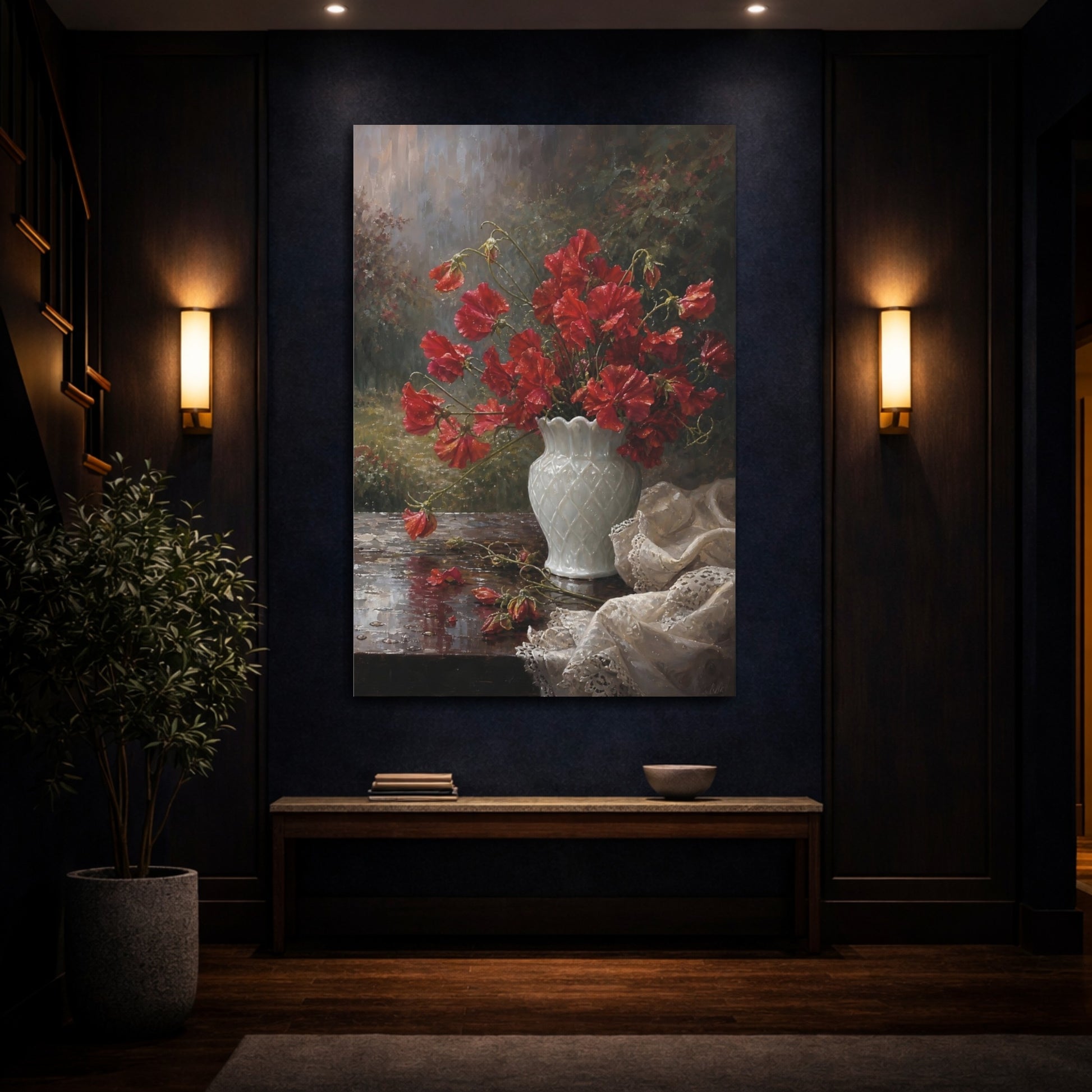 Mockup 4. Floral Sweet Peas Red Floral shown as stretched canvas wall art