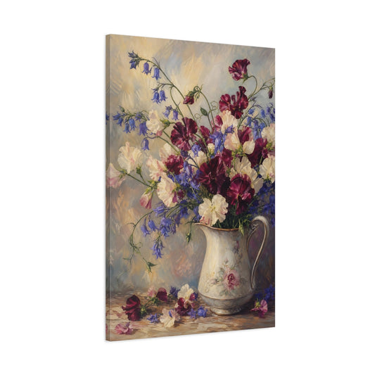 Main Mockup. Floral Sweet Peas Sweet Peas Bluebells shown as stretched canvas wall art