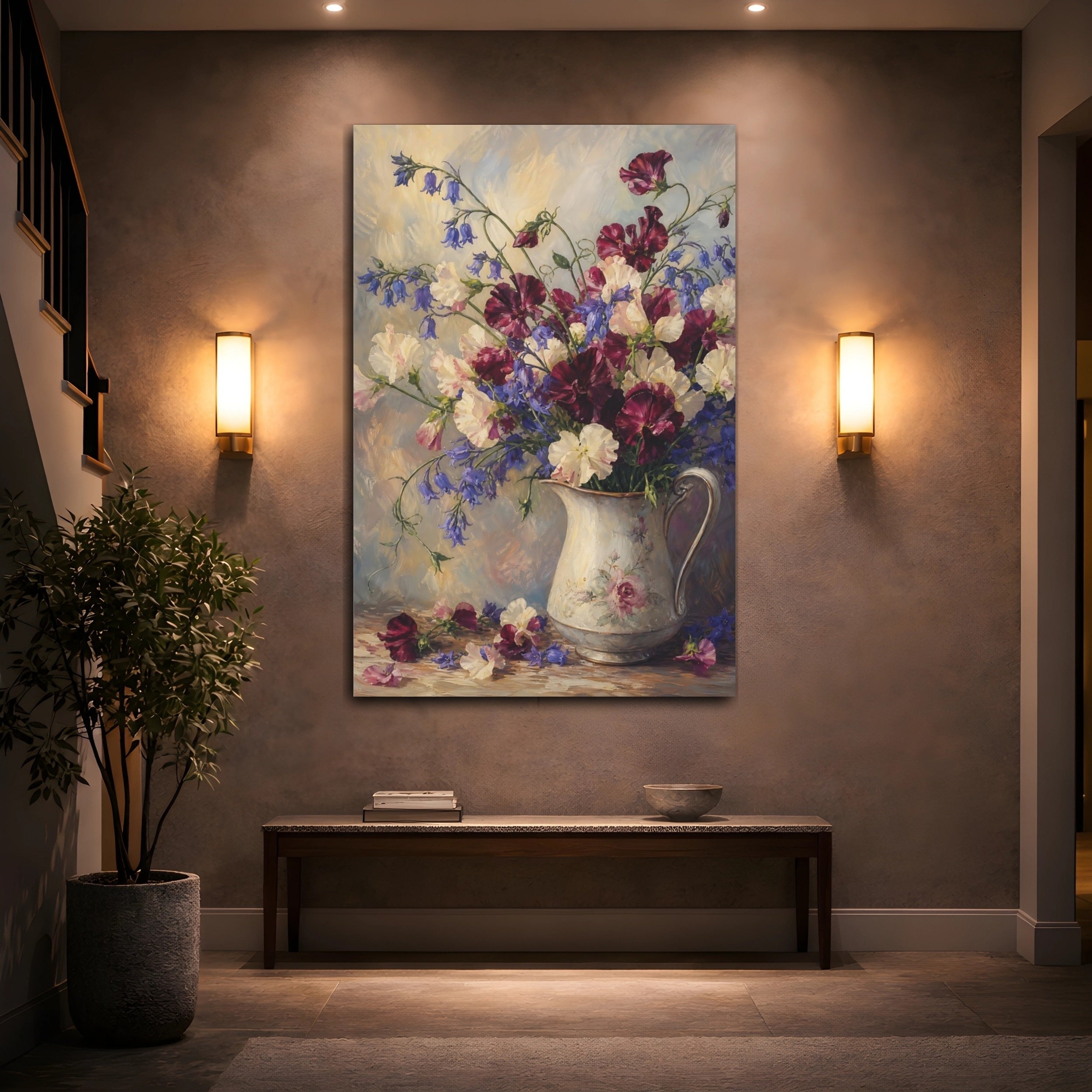 Mockup 2. Floral Sweet Peas Sweet Peas Bluebells shown as stretched canvas wall art