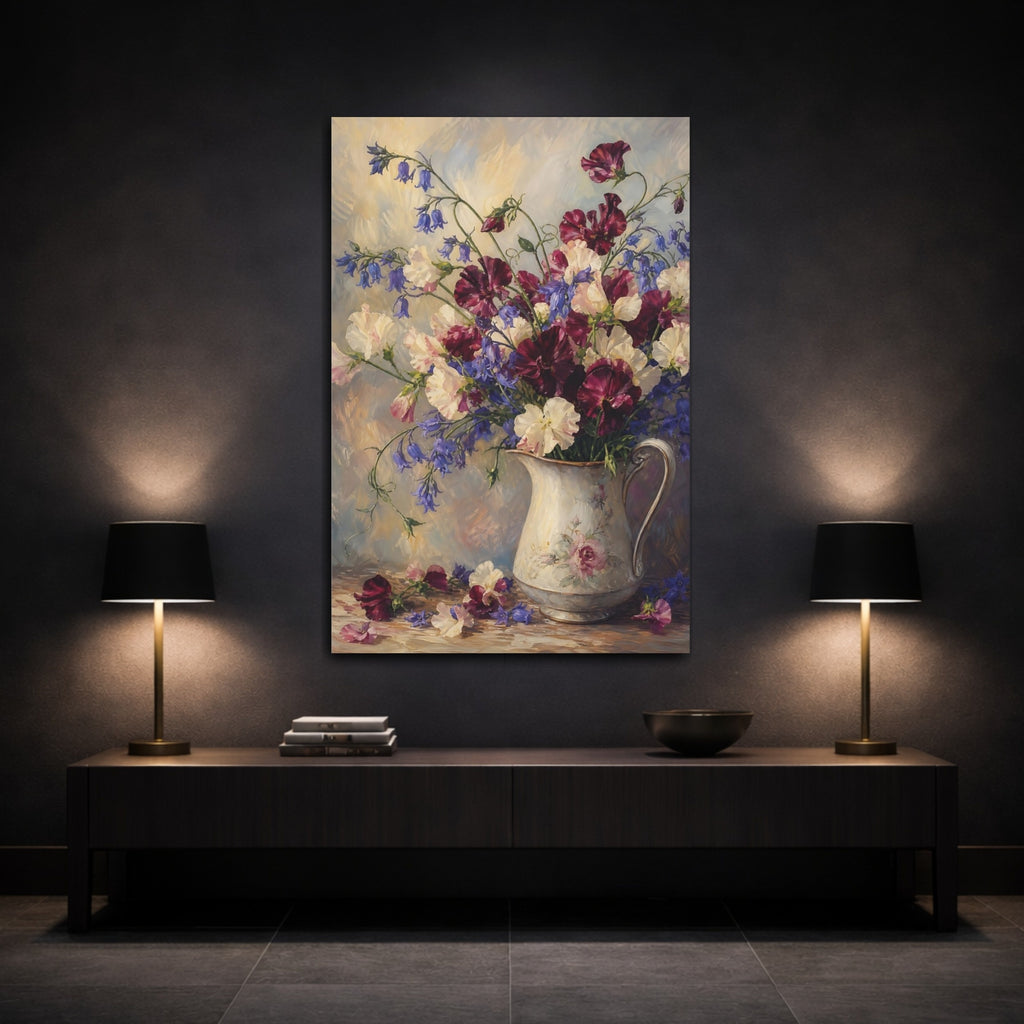 Mockup 3. Floral Sweet Peas Sweet Peas Bluebells shown as stretched canvas wall art