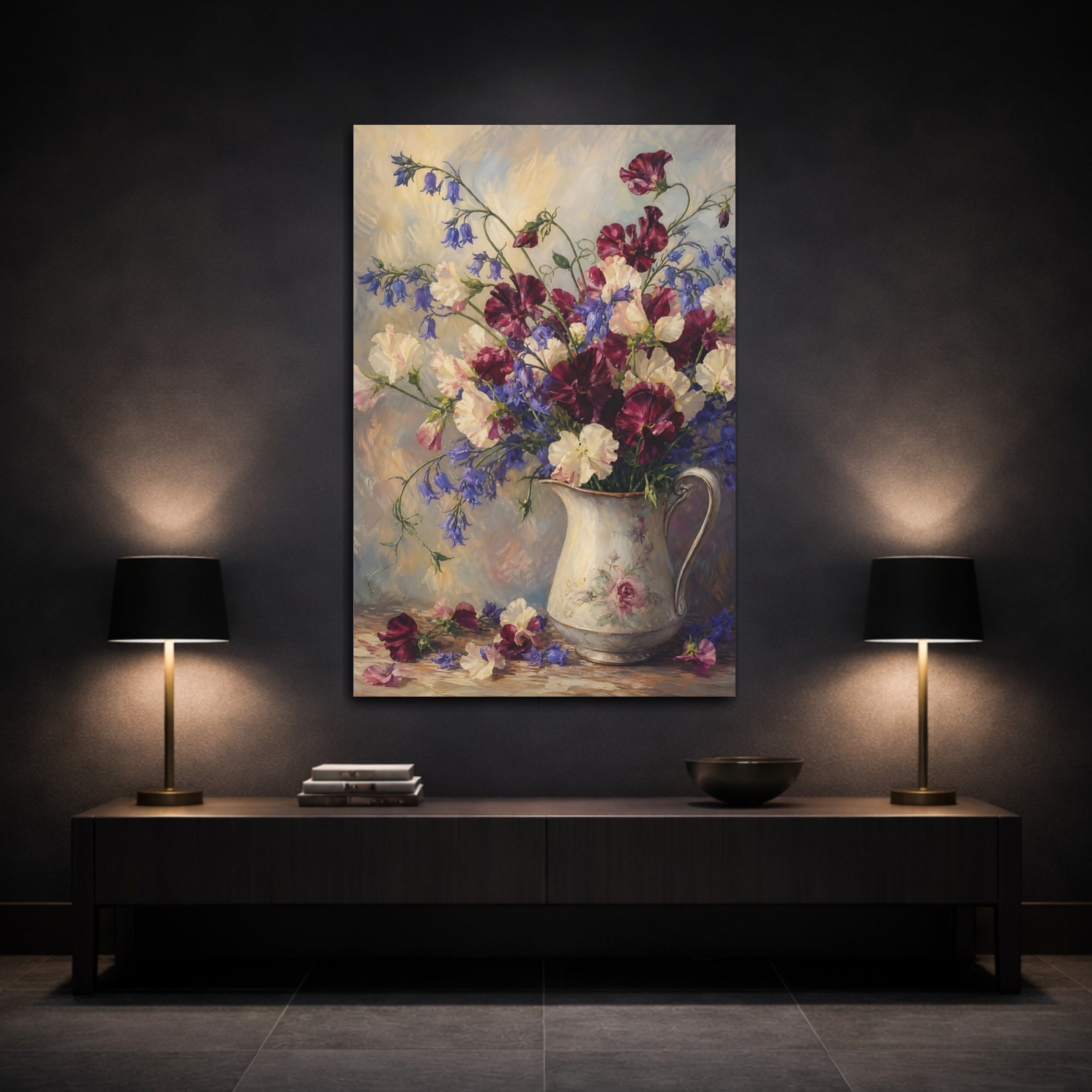 Mockup 3. Floral Sweet Peas Sweet Peas Bluebells shown as stretched canvas wall art
