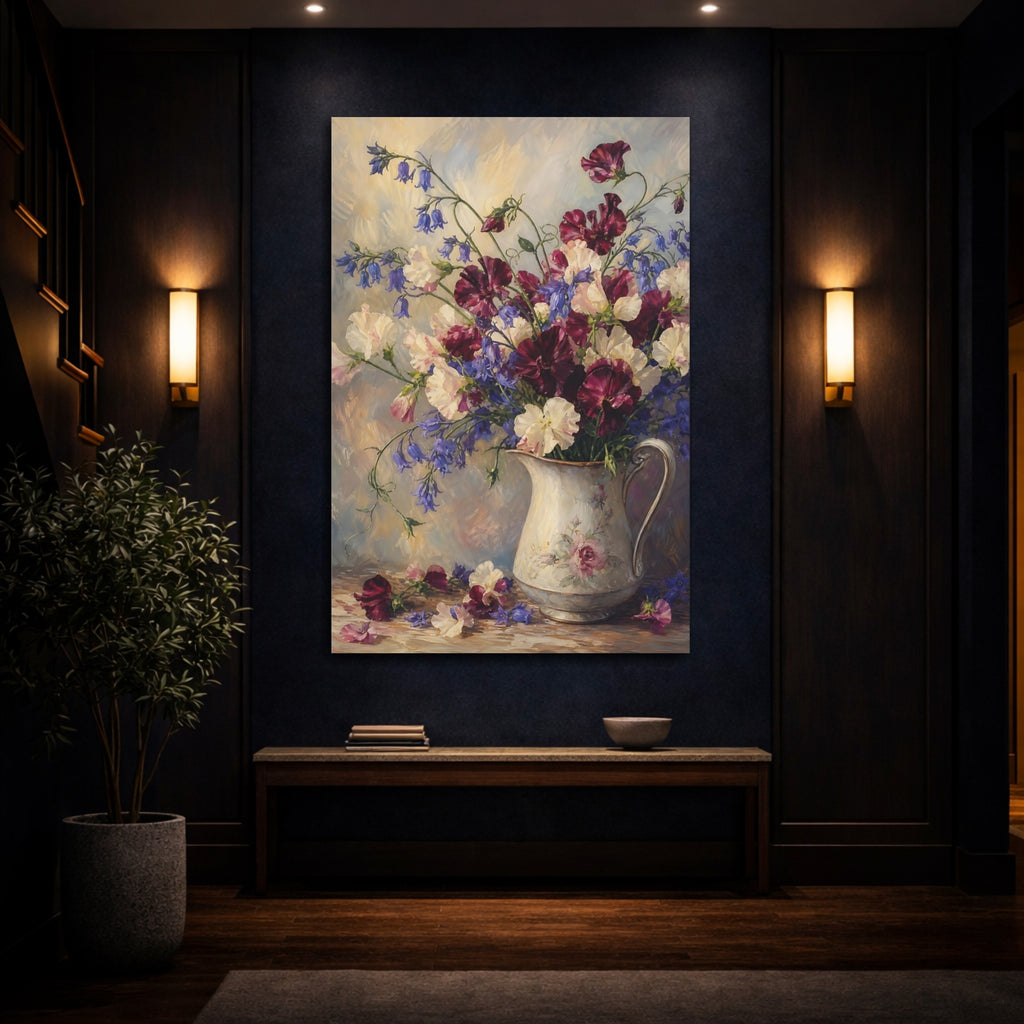 Mockup 4. Floral Sweet Peas Sweet Peas Bluebells shown as stretched canvas wall art