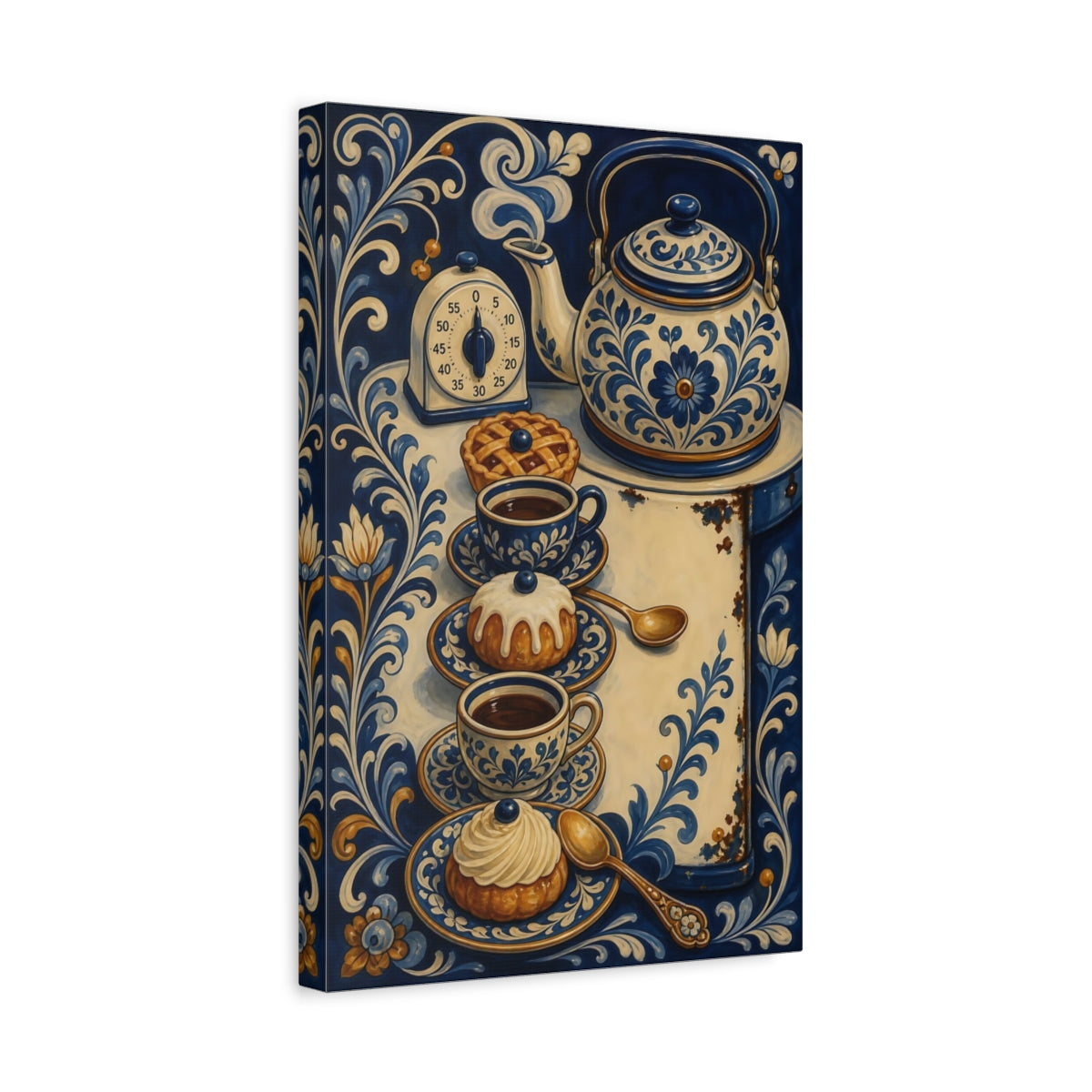Side Mockup 4. Floral Tea Set Blue And White shown as stretched canvas wall art