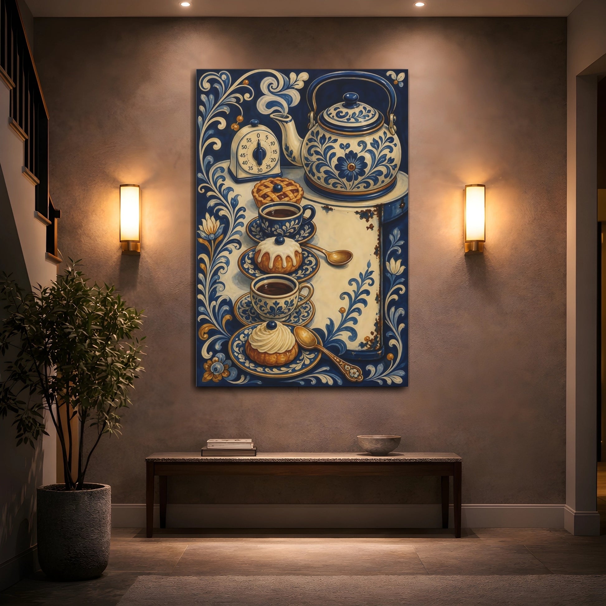 Mockup 2. Floral Tea Set Blue And White shown as stretched canvas wall art