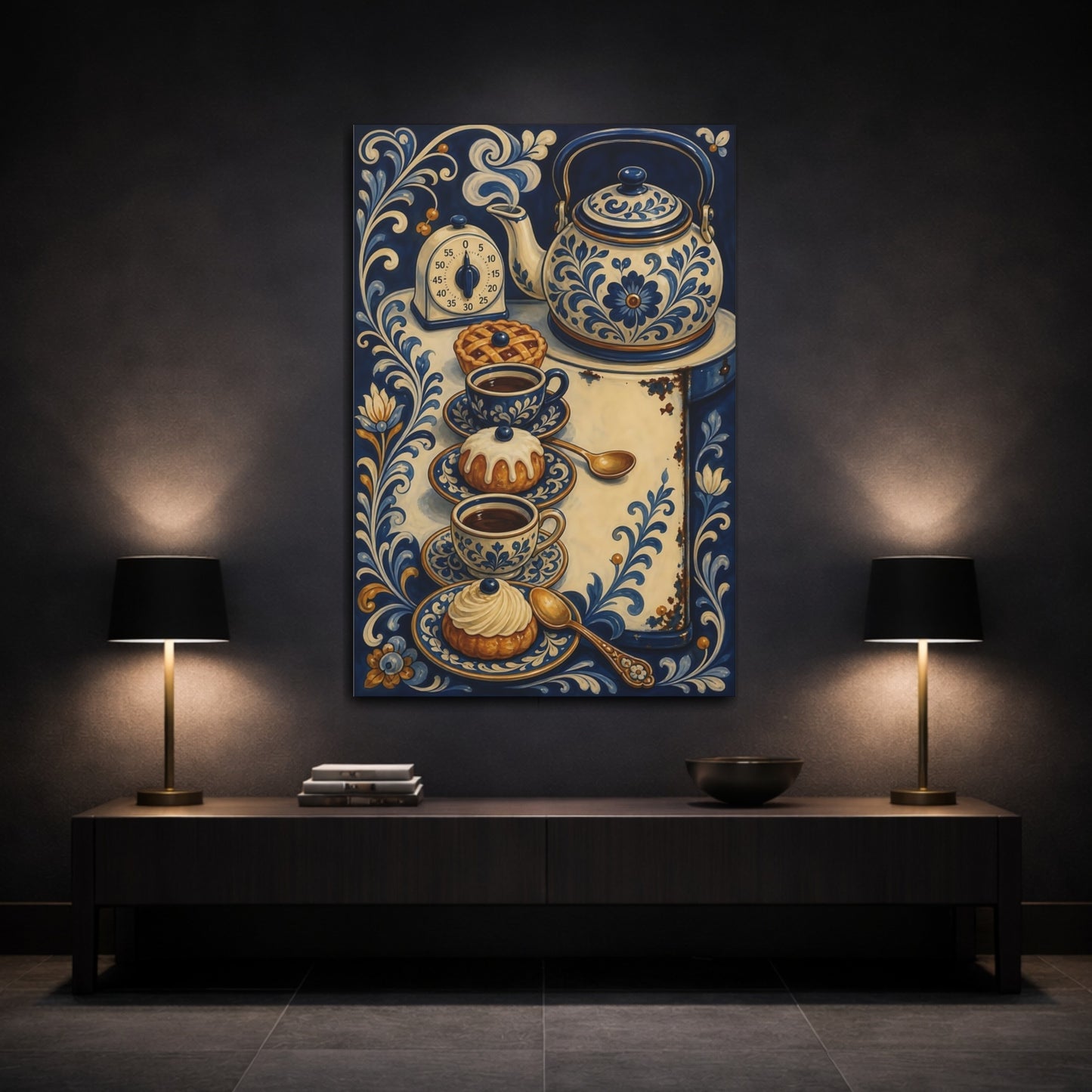 Mockup 3. Floral Tea Set Blue And White shown as stretched canvas wall art