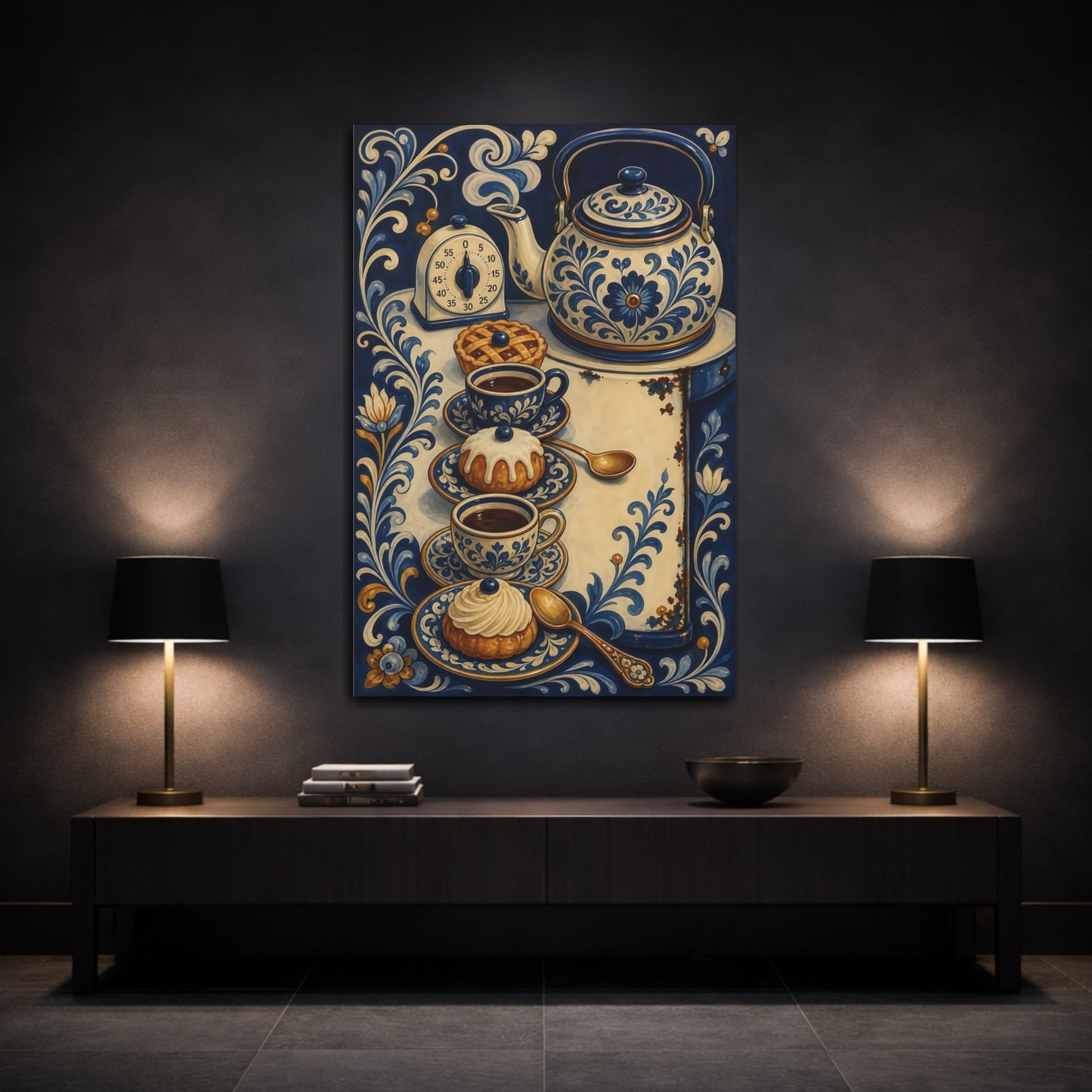 Mockup 3. Floral Tea Set Blue And White shown as stretched canvas wall art