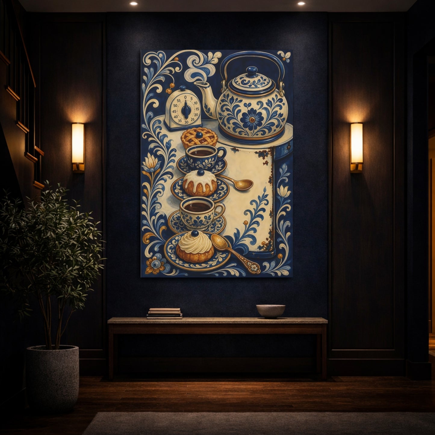 Mockup 4. Floral Tea Set Blue And White shown as stretched canvas wall art