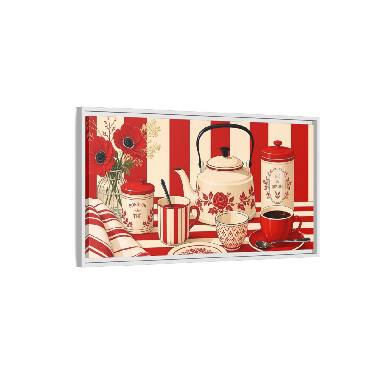 Side Mockup 1. Floral Tea Set Red And White shown as framed canvas print