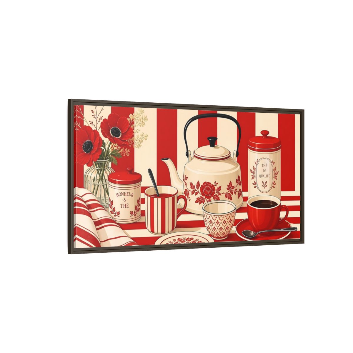Side Mockup 4. Floral Tea Set Red And White shown as framed canvas print