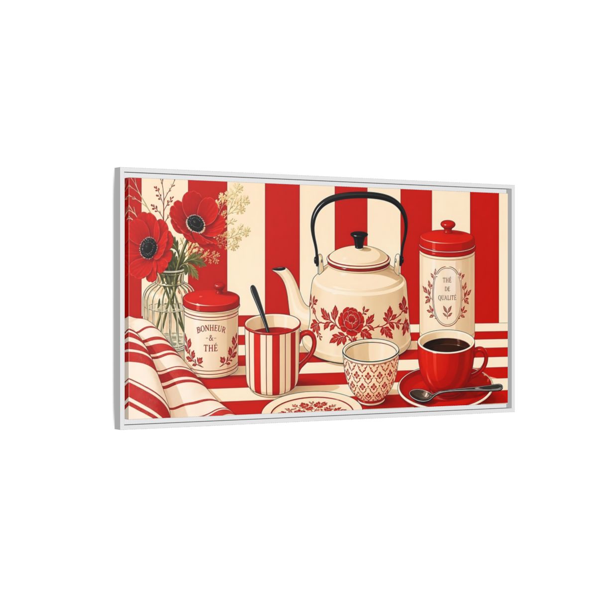 Side Mockup 3. Floral Tea Set Red And White shown as framed canvas print