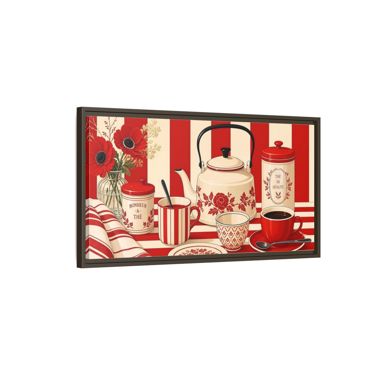 Main Mockup. Floral Tea Set Red And White shown as framed canvas print