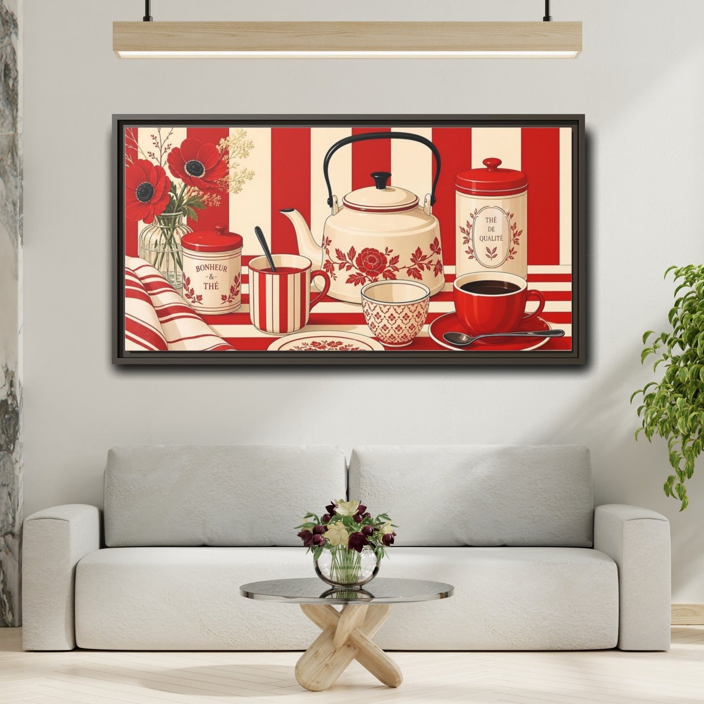 Mockup 2. Floral Tea Set Red And White shown as framed canvas print