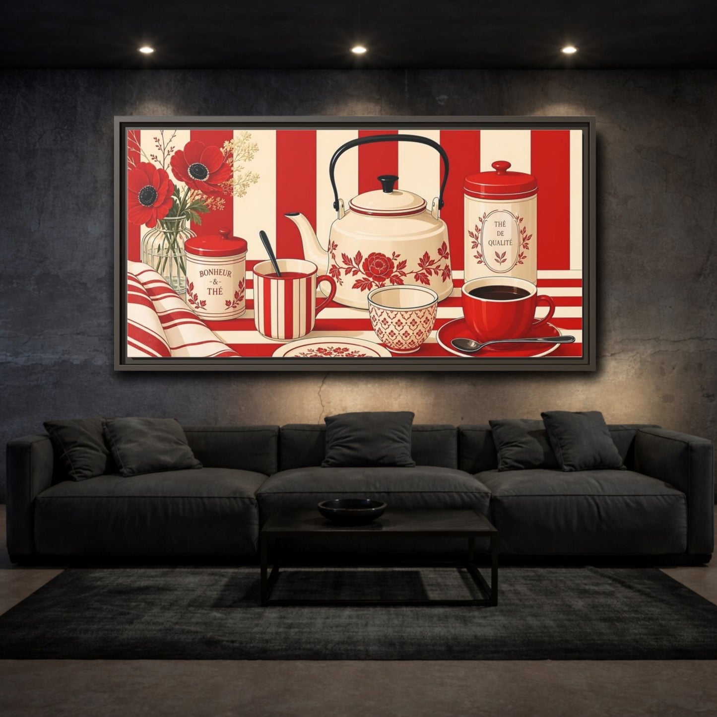 Mockup 3. Floral Tea Set Red And White shown as framed canvas print