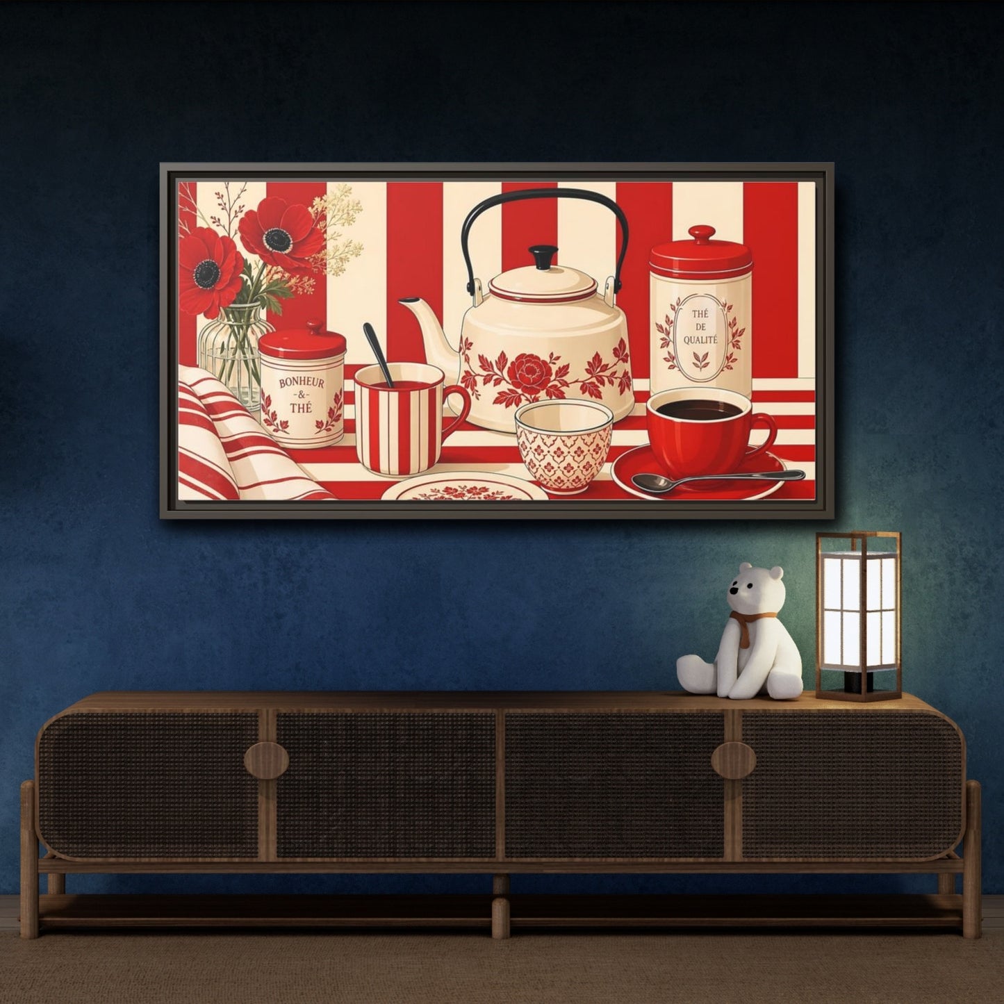 Mockup 4. Floral Tea Set Red And White shown as framed canvas print