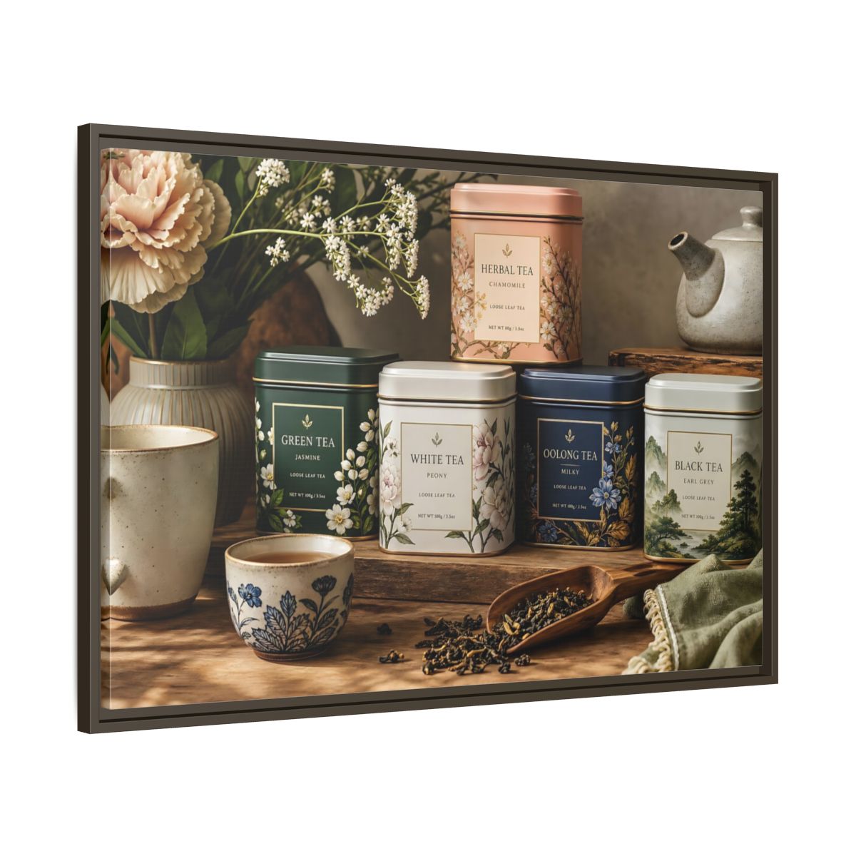 Main Mockup. Floral Tea Tins Floral Tea Still Life shown as stretched canvas wall art