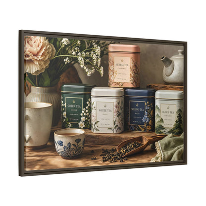 Main Mockup. Floral Tea Tins Floral Tea Still Life shown as stretched canvas wall art
