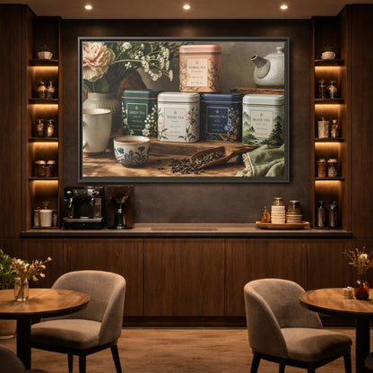 Mockup 2. Floral Tea Tins Floral Tea Still Life shown as stretched canvas wall art