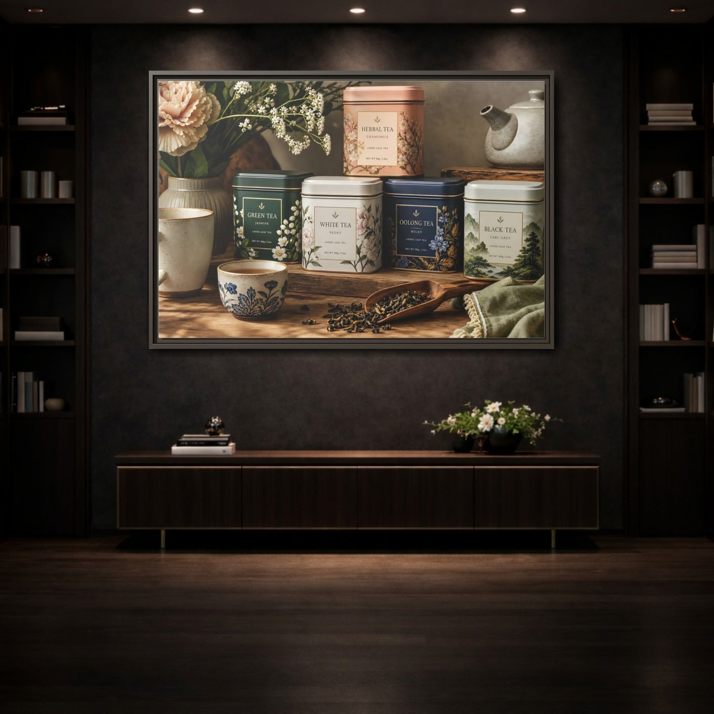 Mockup 3. Floral Tea Tins Floral Tea Still Life shown as stretched canvas wall art