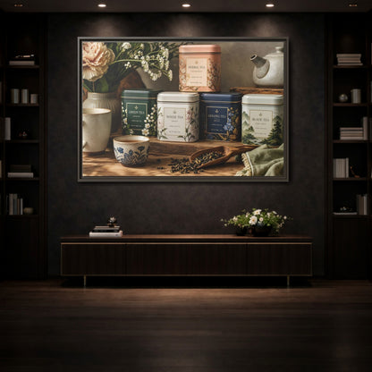 Mockup 3. Floral Tea Tins Floral Tea Still Life shown as stretched canvas wall art