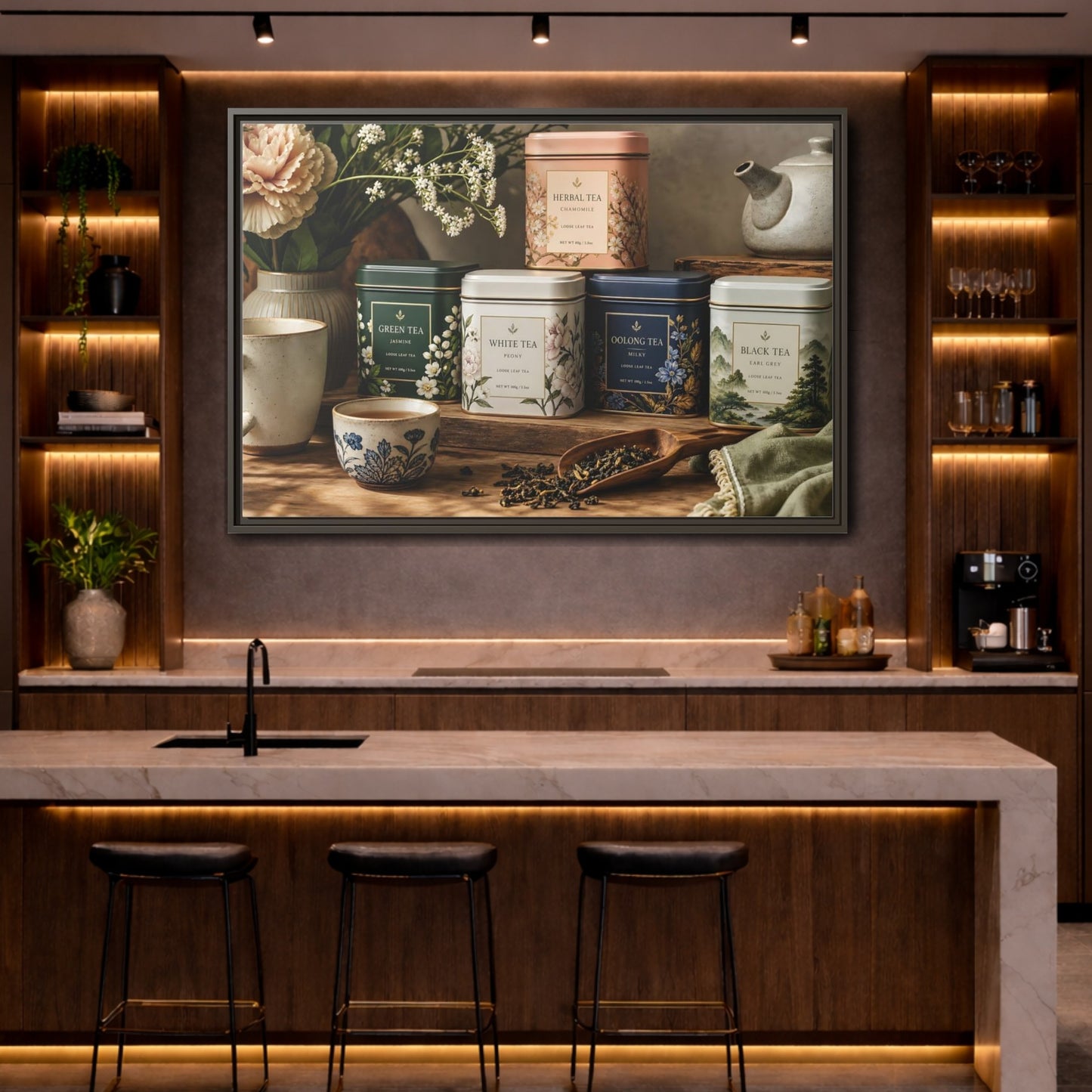 Mockup 4. Floral Tea Tins Floral Tea Still Life shown as stretched canvas wall art