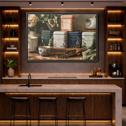 Mockup 4. Floral Tea Tins Floral Tea Still Life shown as stretched canvas wall art